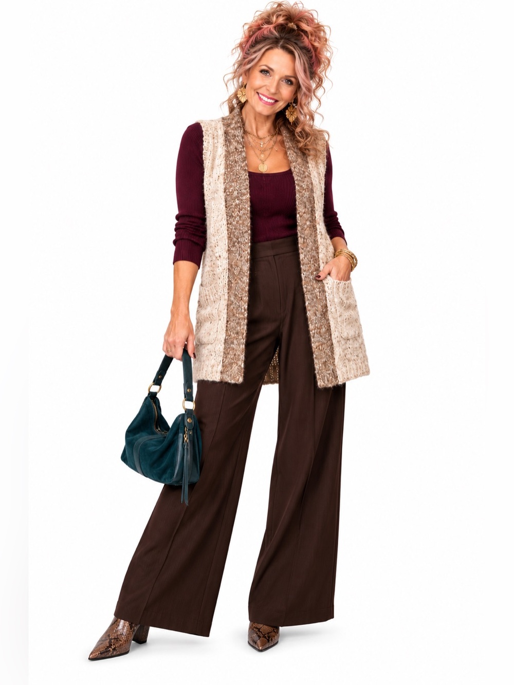 or
Simply Noelle Long Open Knit Cardigan Vest Neutral Boho Pockets S/M